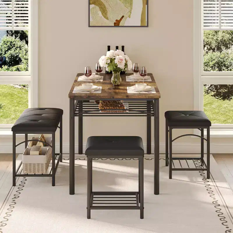 Ensemble de salle à manger 4 pièces avec bancs et tabourets rembourrés - Table de cuisine compacte pour appartements, studios et petits espaces