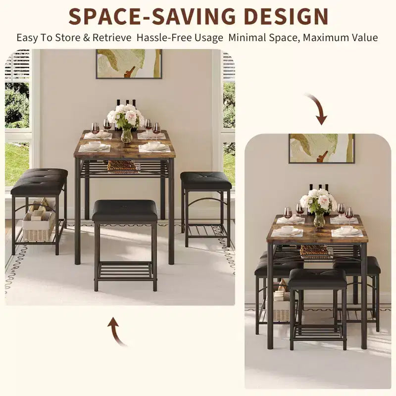 Ensemble de salle à manger 4 pièces avec bancs et tabourets rembourrés - Table de cuisine compacte pour appartements, studios et petits espaces