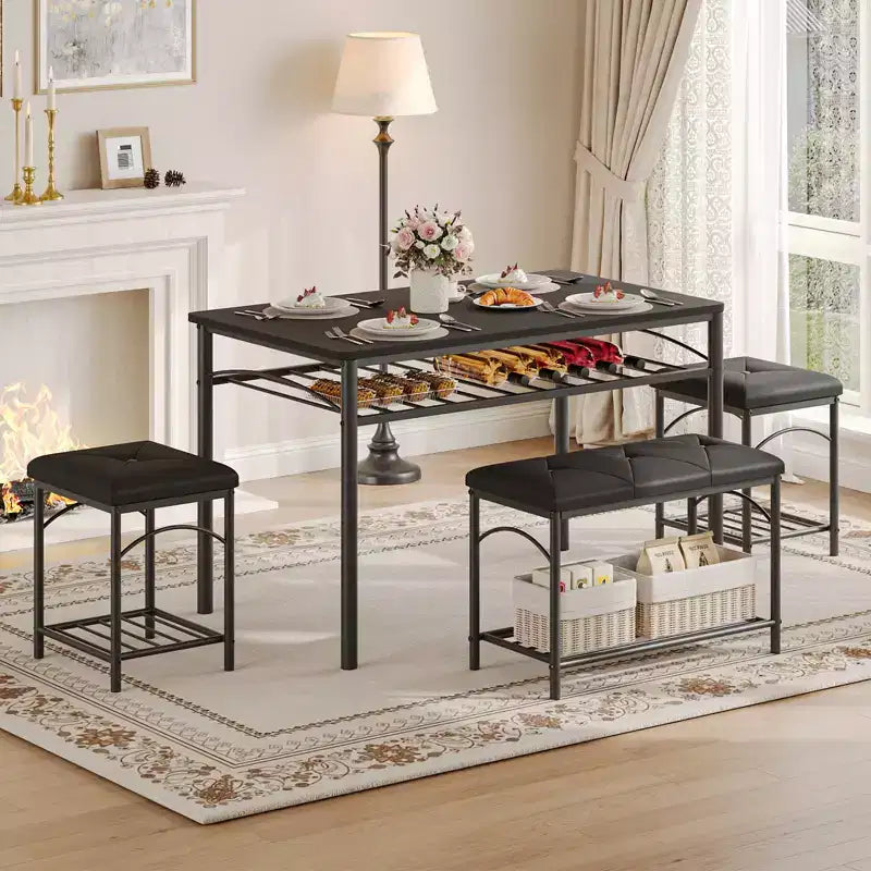 Ensemble de salle à manger 4 pièces avec bancs et tabourets rembourrés - Table de cuisine compacte pour appartements, studios et petits espaces