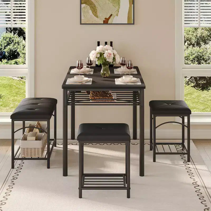 Ensemble de salle à manger 4 pièces avec bancs et tabourets rembourrés - Table de cuisine compacte pour appartements, studios et petits espaces
