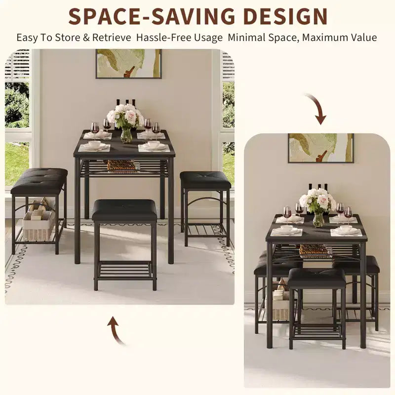 Ensemble de salle à manger 4 pièces avec bancs et tabourets rembourrés - Table de cuisine compacte pour appartements, studios et petits espaces