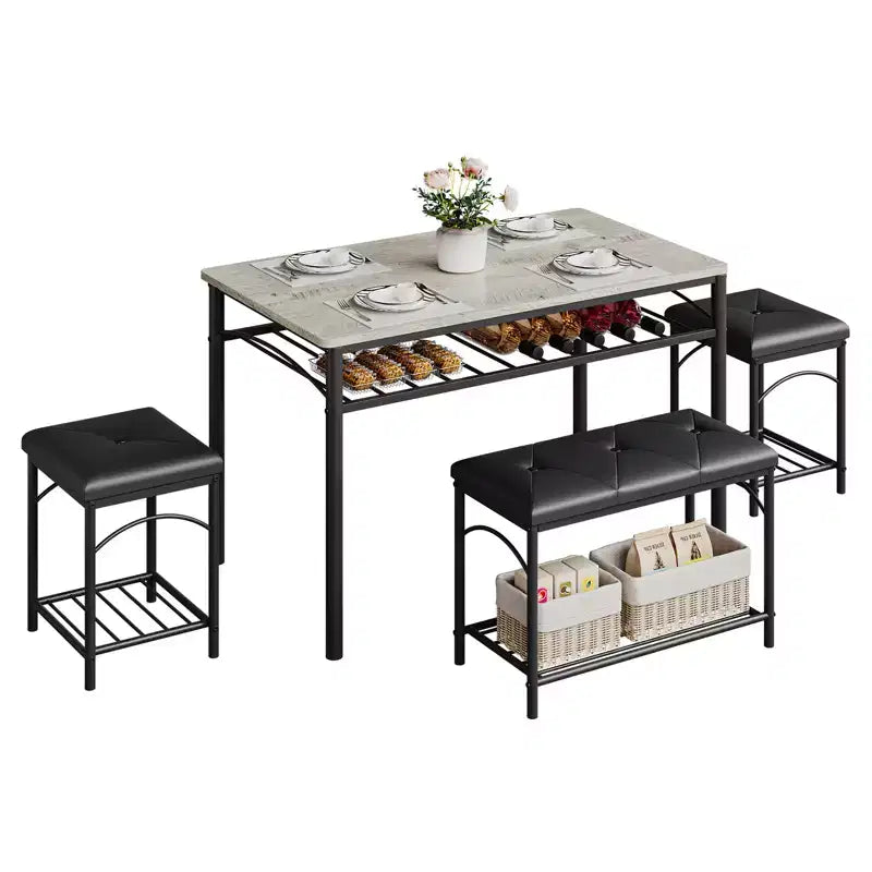 Ensemble de salle à manger 4 pièces avec bancs et tabourets rembourrés - Table de cuisine compacte pour appartements, studios et petits espaces