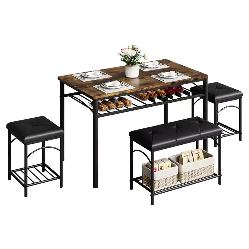Ensemble de salle à manger 4 pièces avec bancs et tabourets rembourrés - Table de cuisine compacte pour appartements, studios et petits espaces