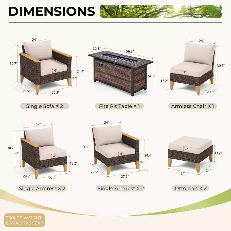 Captiva Designs Salon de jardin modulaire d'extérieur 10 pièces en osier et rotin avec table brasero et pouf rembourré