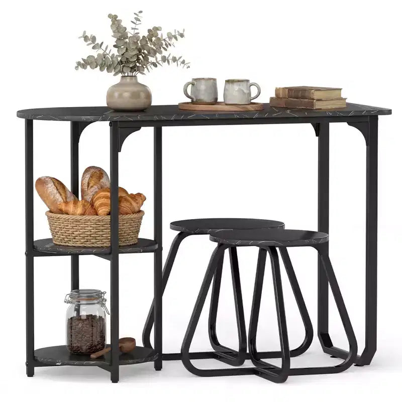 Ensemble table à manger 3 pièces Costway, table de cuisine en bois et métal et 2 tabourets avec étagères de rangement Marron rustique+Noir/Blanc+Doré
