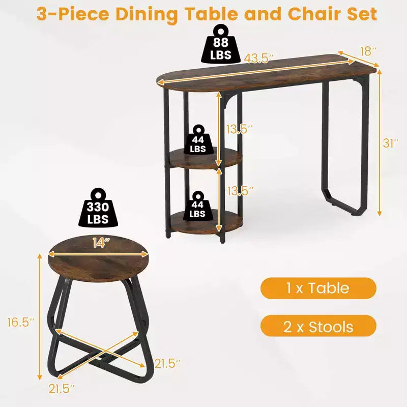 Ensemble table à manger 3 pièces Costway, table de cuisine en bois et métal et 2 tabourets avec étagères de rangement Marron rustique+Noir/Blanc+Doré