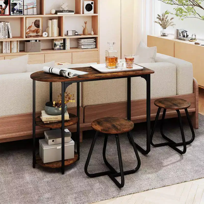 Ensemble table à manger 3 pièces Costway, table de cuisine en bois et métal et 2 tabourets avec étagères de rangement Marron rustique+Noir/Blanc+Doré