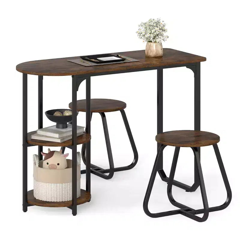 Ensemble table à manger 3 pièces Costway, table de cuisine en bois et métal et 2 tabourets avec étagères de rangement Marron rustique+Noir/Blanc+Doré