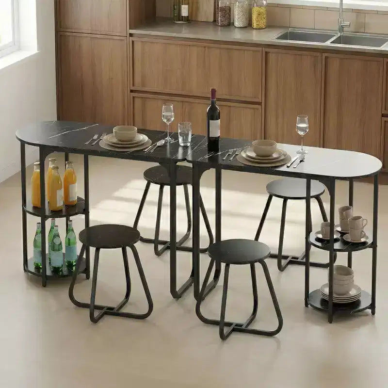 Ensemble table à manger 3 pièces Costway, table de cuisine en bois et métal et 2 tabourets avec étagères de rangement Marron rustique+Noir/Blanc+Doré
