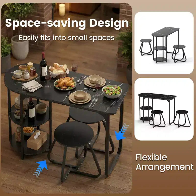 Ensemble table à manger 3 pièces Costway, table de cuisine en bois et métal et 2 tabourets avec étagères de rangement Marron rustique+Noir/Blanc+Doré