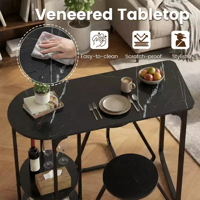 Ensemble table à manger 3 pièces Costway, table de cuisine en bois et métal et 2 tabourets avec étagères de rangement Marron rustique+Noir/Blanc+Doré