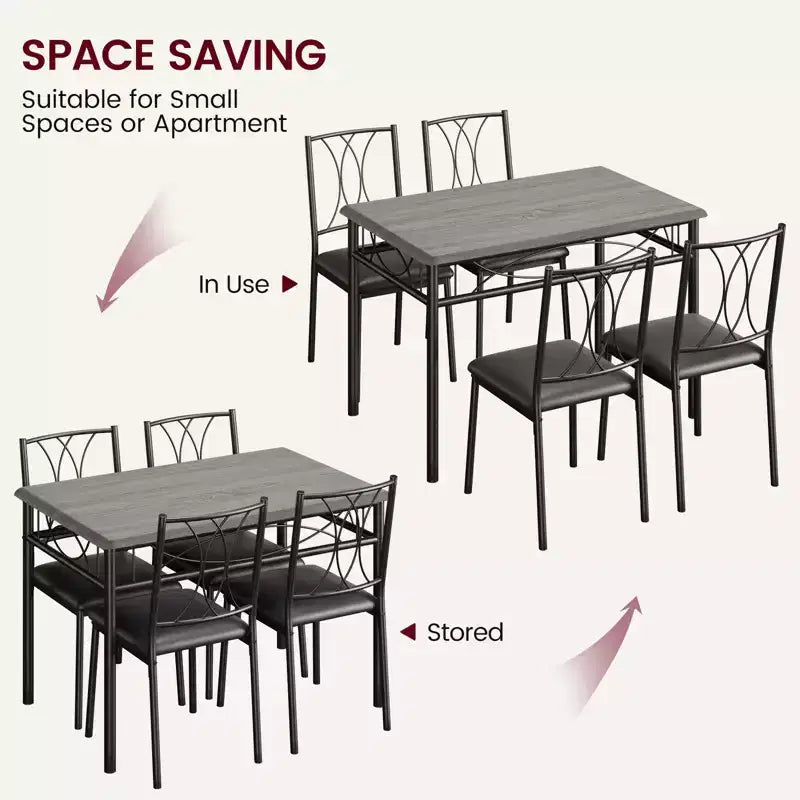 Ensemble de table à manger 5 pièces pour 4 personnes, table de cuisine rectangulaire avec chaises rembourrées, cadre en métal robuste, gris rustique, pour appartement/salle à manger moderne
