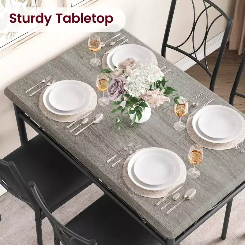 Ensemble de table à manger 5 pièces pour 4 personnes, table de cuisine rectangulaire avec chaises rembourrées, cadre en métal robuste, gris rustique, pour appartement/salle à manger moderne