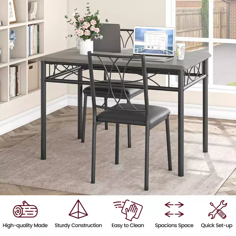 Ensemble de table à manger 5 pièces pour 4 personnes, table de cuisine rectangulaire avec chaises rembourrées, cadre en métal robuste, gris rustique, pour appartement/salle à manger moderne