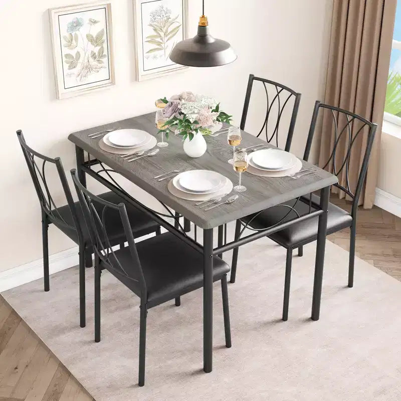 Ensemble de table à manger 5 pièces pour 4 personnes, table de cuisine rectangulaire avec chaises rembourrées, cadre en métal robuste, gris rustique, pour appartement/salle à manger moderne