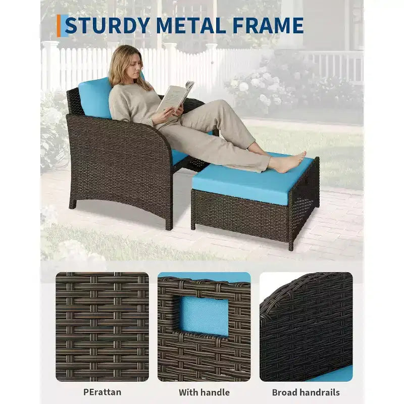 Ensemble de 5 pièces de salon de jardin en rotin PE avec poufs et table basse en verre pour terrasse, jardin, balcon