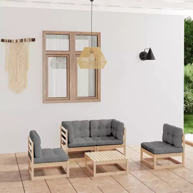 vidaXL Salon de jardin gris Bois de pin massif et polyester 5 pièces