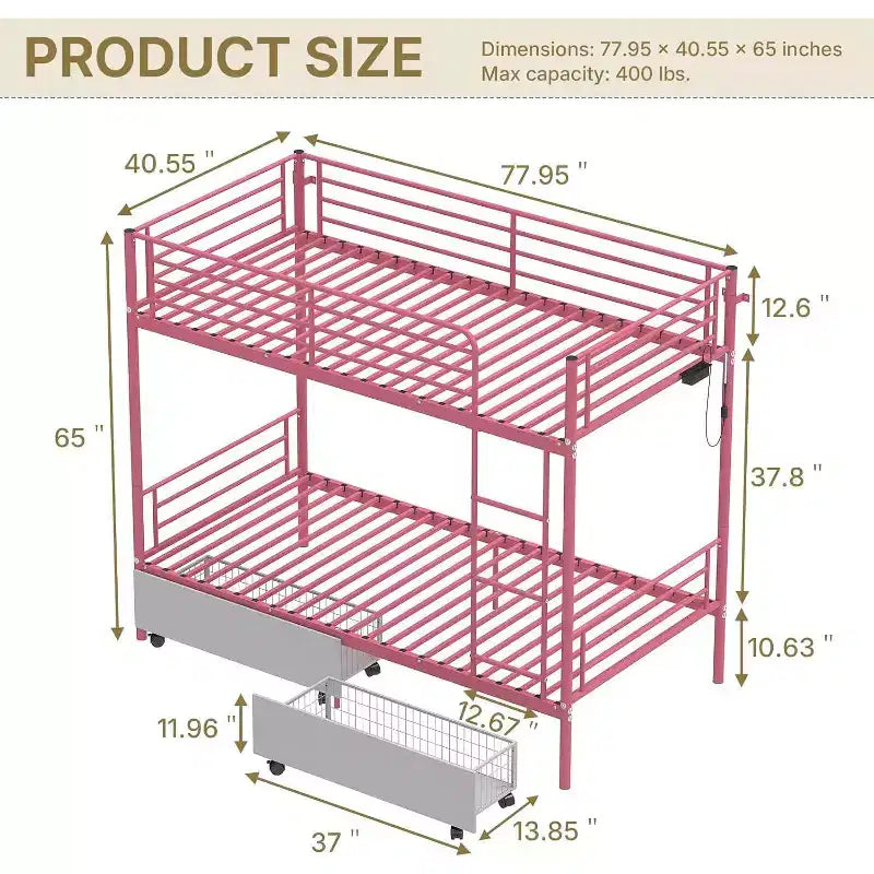 Pink Twin-over-Twin Metal Bunk Bed with Storage Drawers, LED Lights & USB Charging, 2-Person