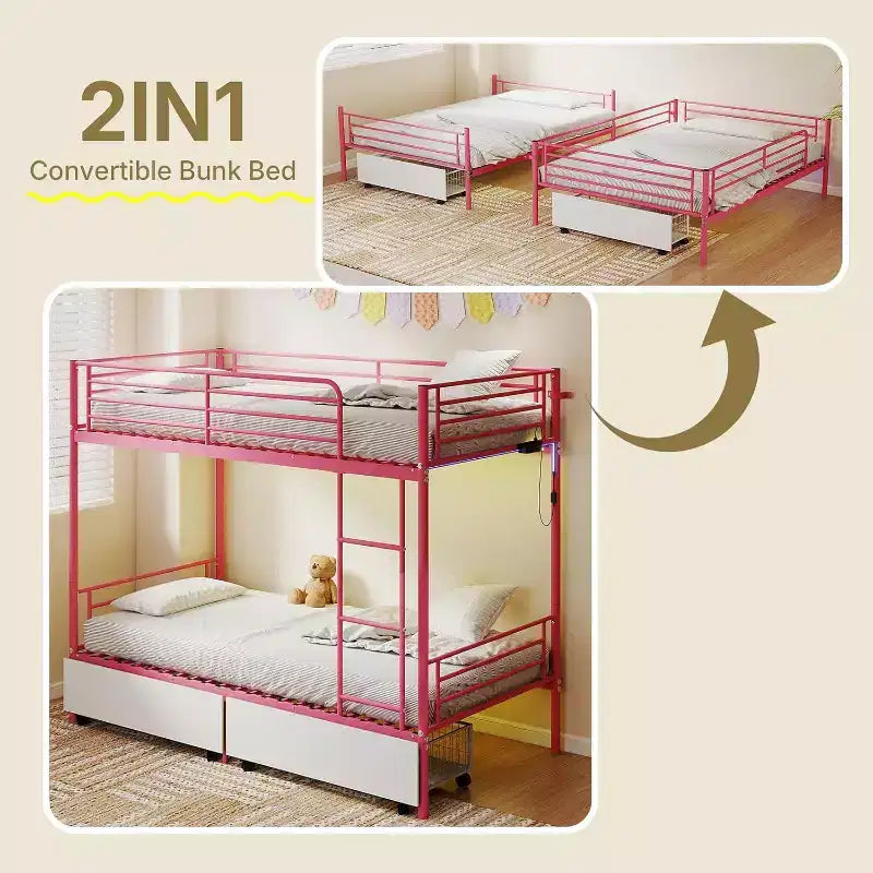 Pink Twin-over-Twin Metal Bunk Bed with Storage Drawers, LED Lights & USB Charging, 2-Person