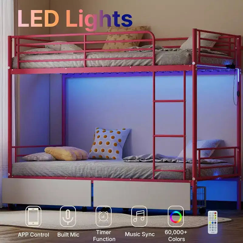 Pink Twin-over-Twin Metal Bunk Bed with Storage Drawers, LED Lights & USB Charging, 2-Person