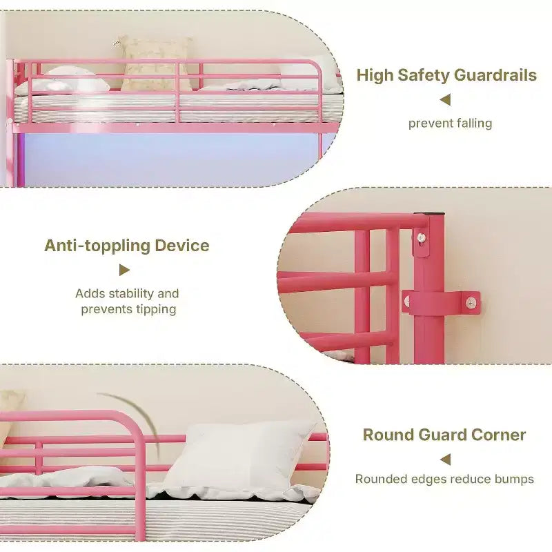 Pink Twin-over-Twin Metal Bunk Bed with Storage Drawers, LED Lights & USB Charging, 2-Person