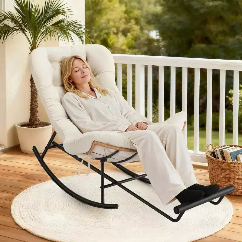 Beige Oversized Papasan Rocking Chair, 1-Person, with Footrest