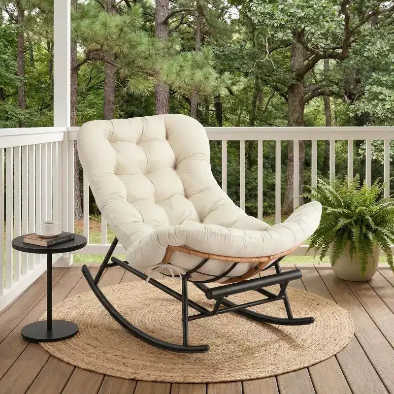 Beige Oversized Papasan Rocking Chair, 1-Person, with Footrest