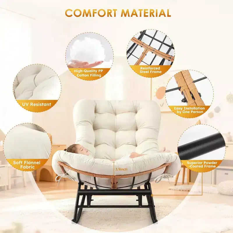 Beige Oversized Papasan Rocking Chair, 1-Person, with Footrest