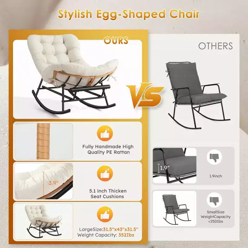 Beige Oversized Papasan Rocking Chair, 1-Person, with Footrest