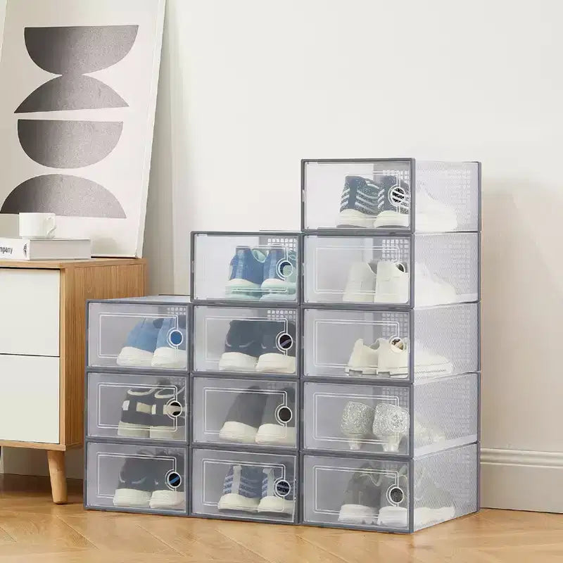 Brown/Gray/White Clear Stackable Shoe Storage Boxes, Drop-Front, X-Large, Set of 12