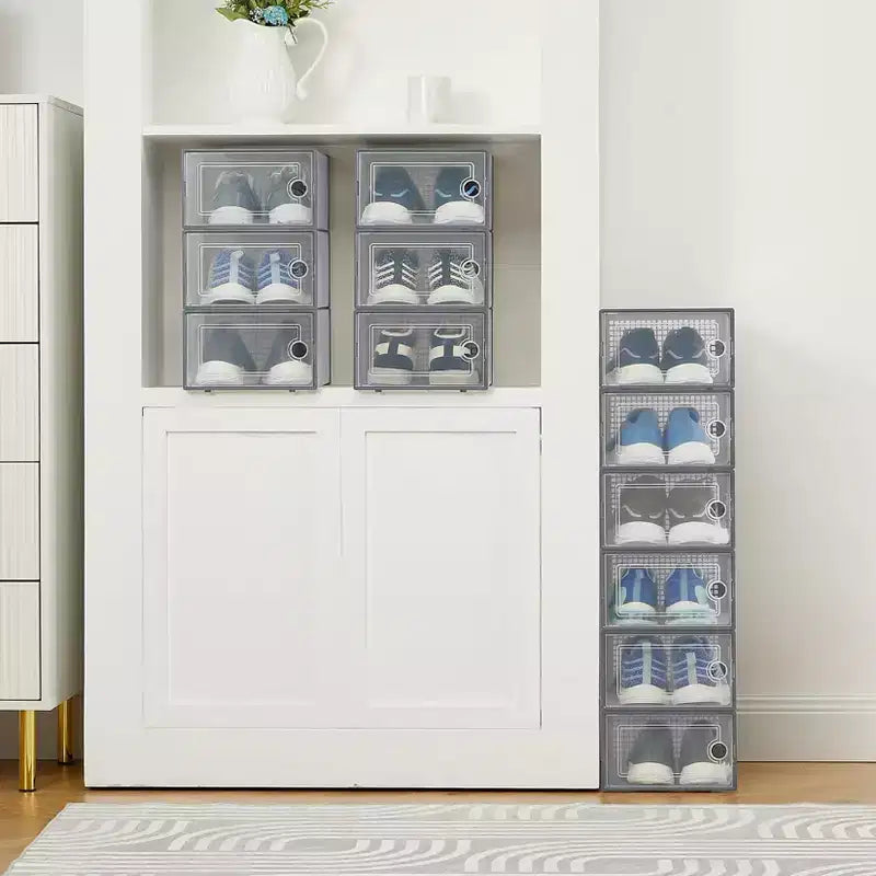 Brown/Gray/White Clear Stackable Shoe Storage Boxes, Drop-Front, X-Large, Set of 12