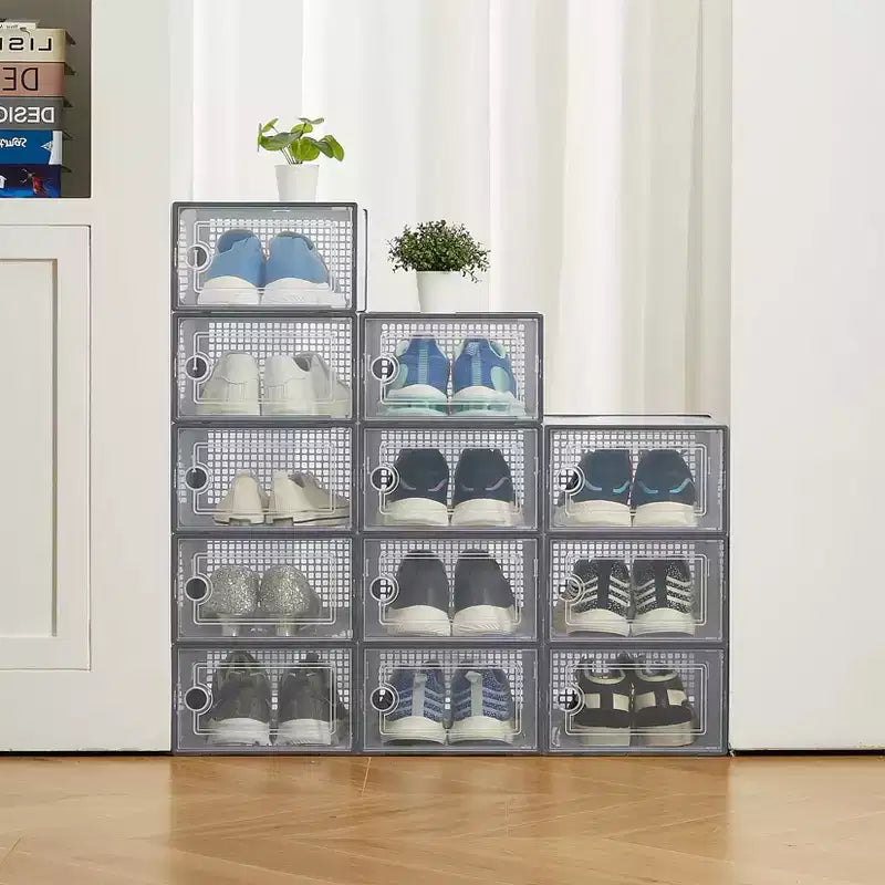 Brown/Gray/White Clear Stackable Shoe Storage Boxes, Drop-Front, X-Large, Set of 12