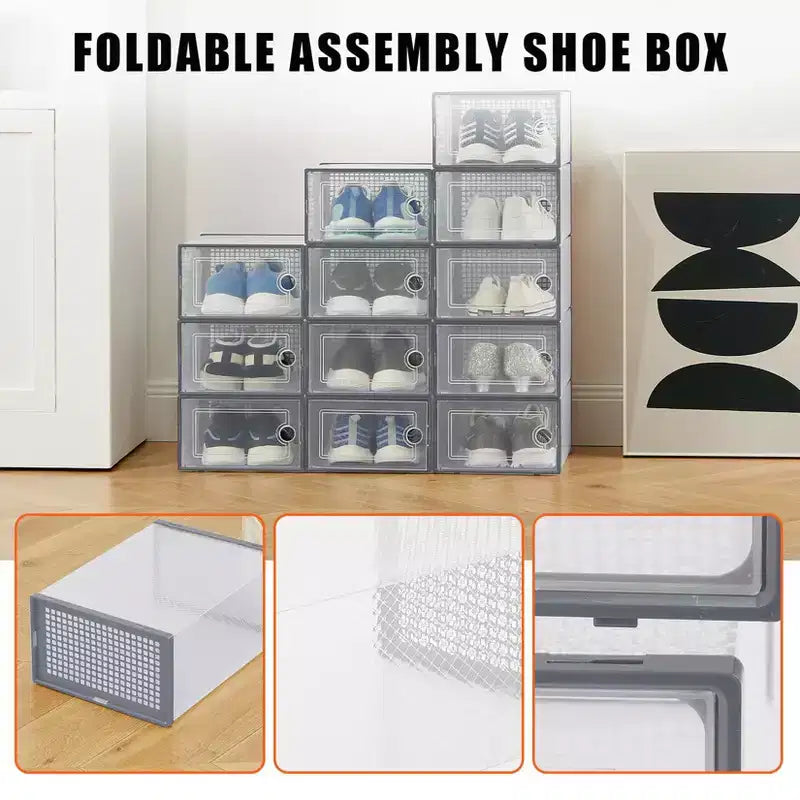 Brown/Gray/White Clear Stackable Shoe Storage Boxes, Drop-Front, X-Large, Set of 12