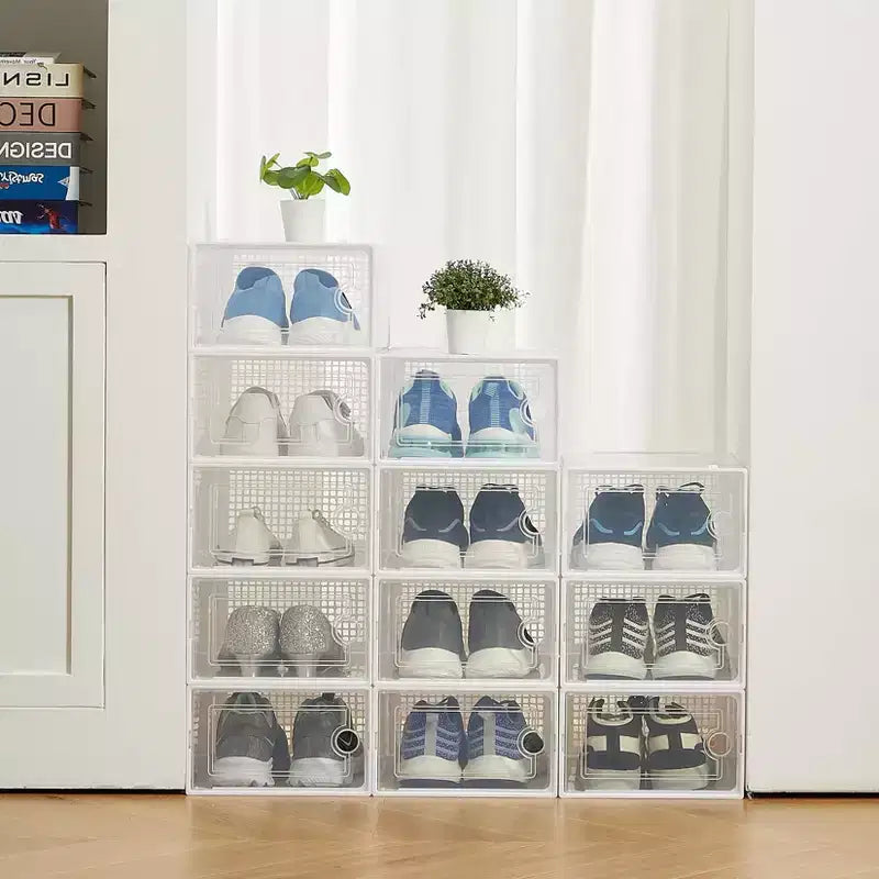 Brown/Gray/White Clear Stackable Shoe Storage Boxes, Drop-Front, X-Large, Set of 12