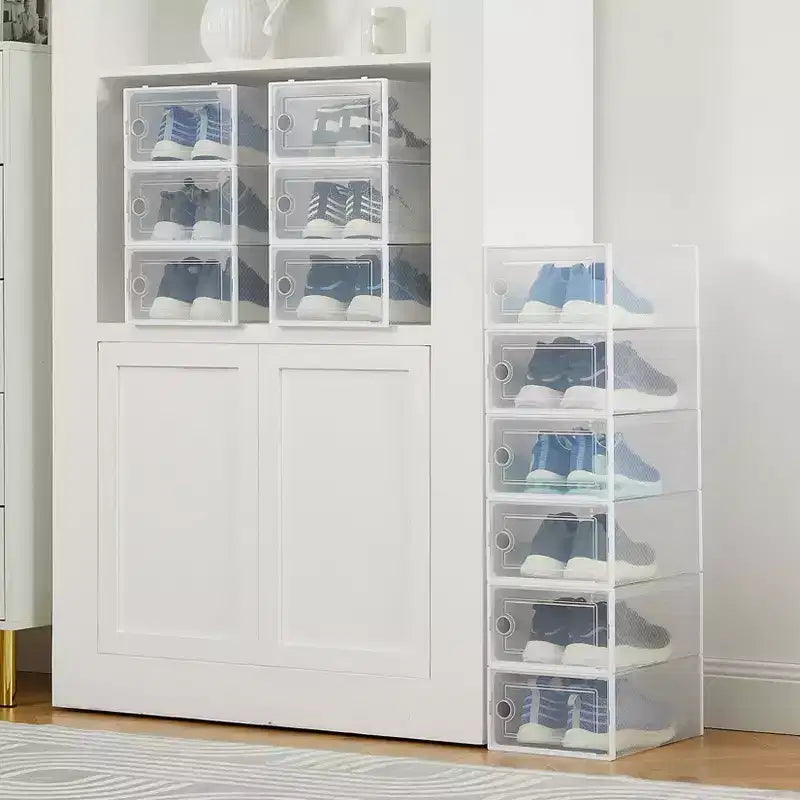 Brown/Gray/White Clear Stackable Shoe Storage Boxes, Drop-Front, X-Large, Set of 12