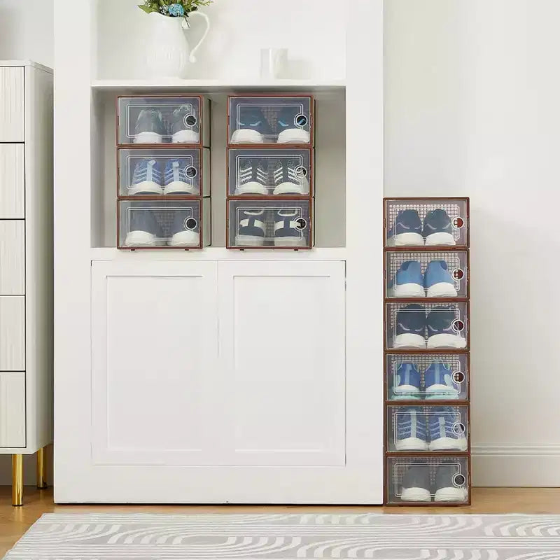 Brown/Gray/White Clear Stackable Shoe Storage Boxes, Drop-Front, X-Large, Set of 12