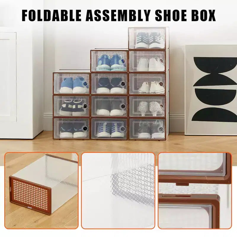 Brown/Gray/White Clear Stackable Shoe Storage Boxes, Drop-Front, X-Large, Set of 12