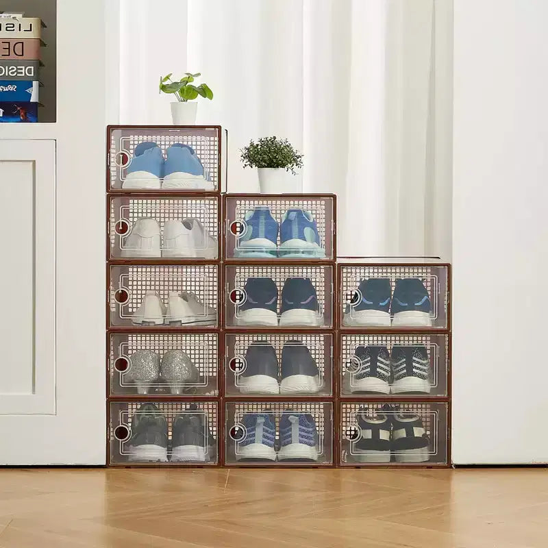 Brown/Gray/White Clear Stackable Shoe Storage Boxes, Drop-Front, X-Large, Set of 12