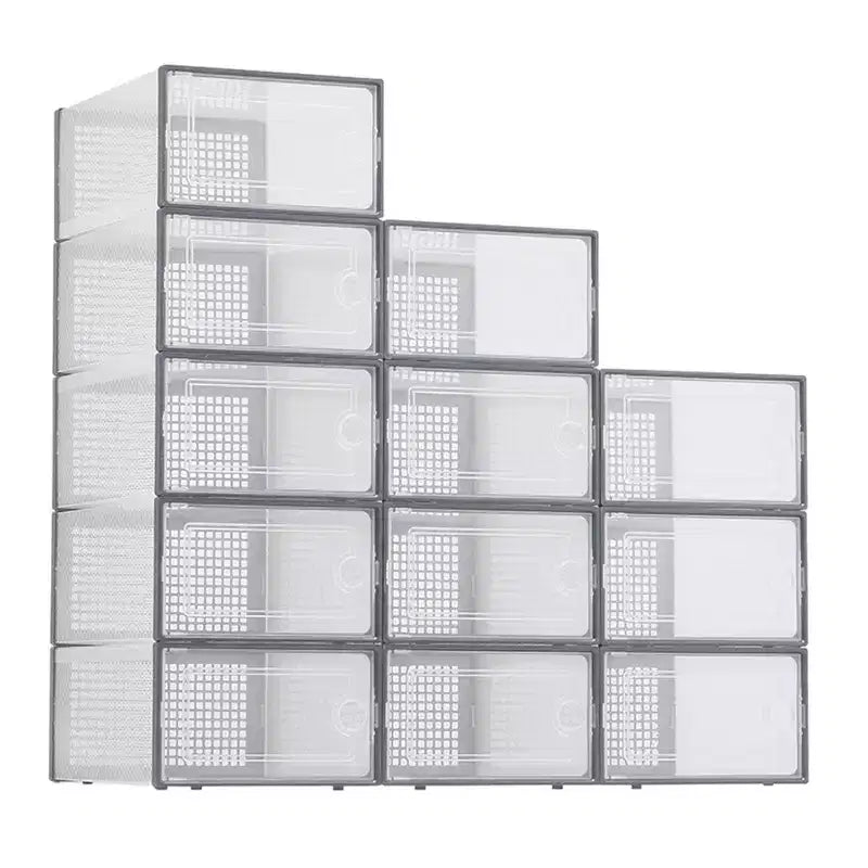 Brown/Gray/White Clear Stackable Shoe Storage Boxes, Drop-Front, X-Large, Set of 12