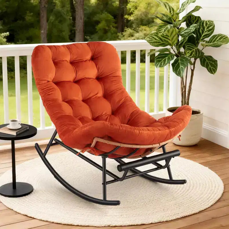 Orange Oversized Rocking Chair with Cushion, Rattan & Steel Frame, 1-Person, Adult Assembly Required