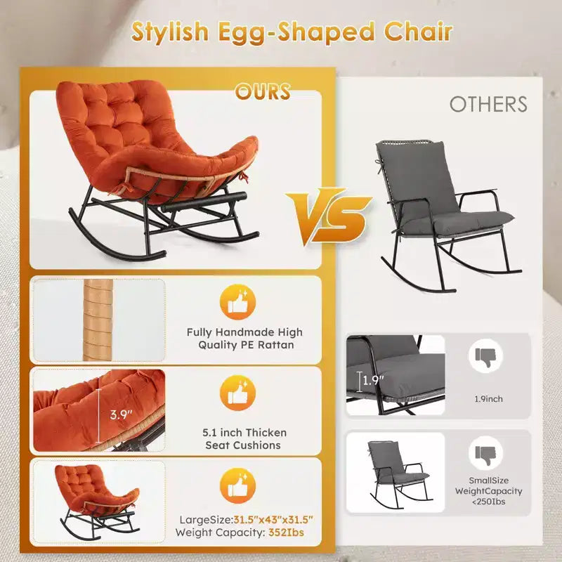 Orange Oversized Rocking Chair with Cushion, Rattan & Steel Frame, 1-Person, Adult Assembly Required