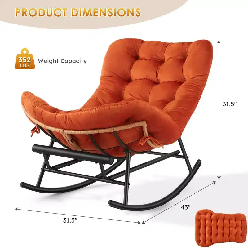 Orange Oversized Rocking Chair with Cushion, Rattan & Steel Frame, 1-Person, Adult Assembly Required