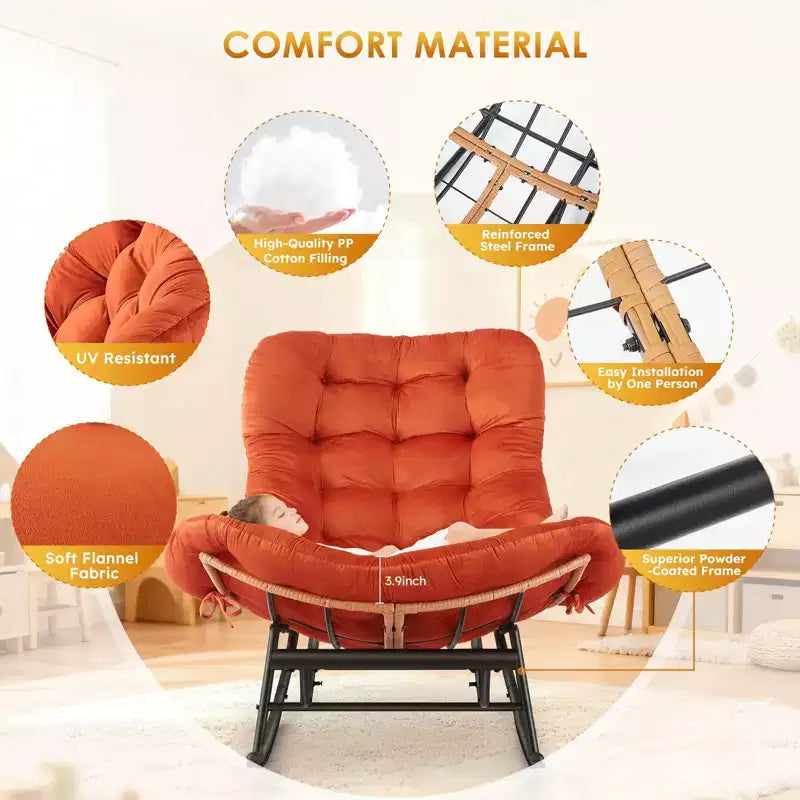 Orange Oversized Rocking Chair with Cushion, Rattan & Steel Frame, 1-Person, Adult Assembly Required