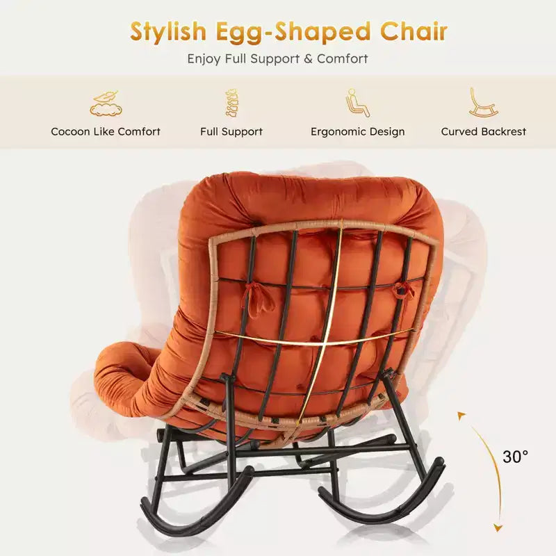 Orange Oversized Rocking Chair with Cushion, Rattan & Steel Frame, 1-Person, Adult Assembly Required