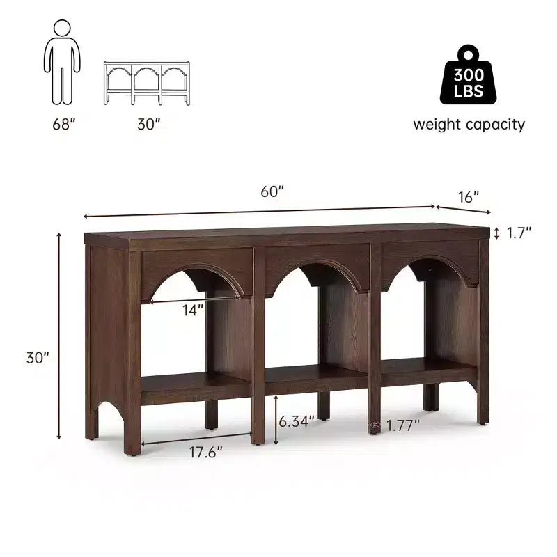 Black / Brown / Whitewashed Triple-Arch Console Table, 60" – 2-Person Assembly, Open Shelf