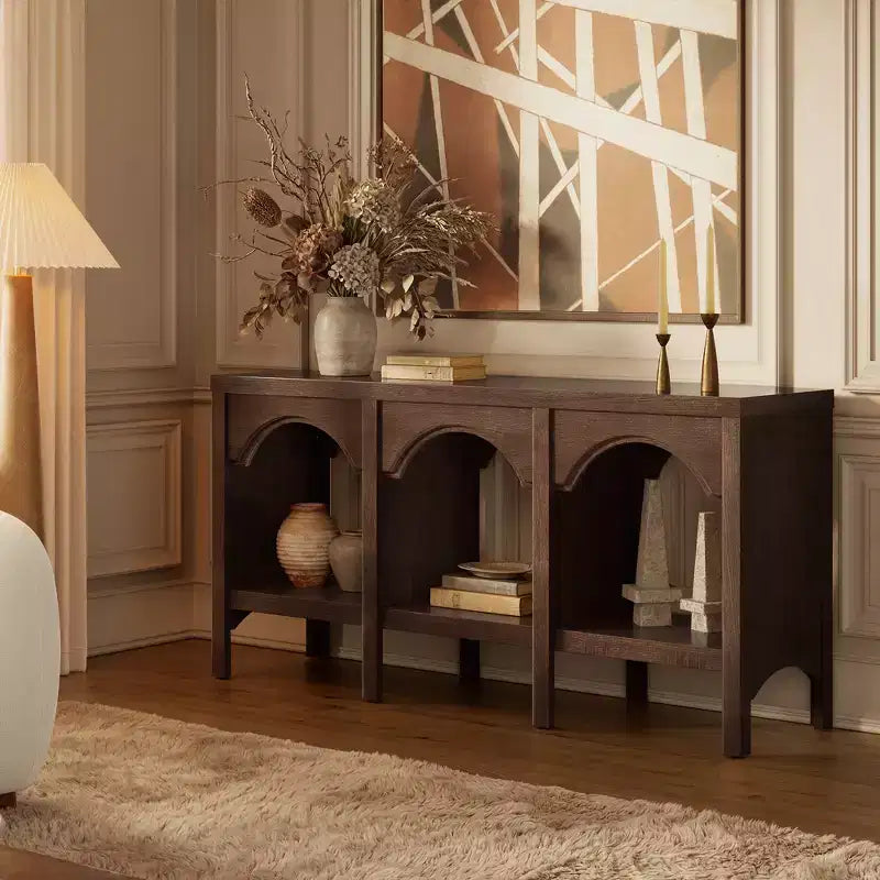 Black / Brown / Whitewashed Triple-Arch Console Table, 60" – 2-Person Assembly, Open Shelf