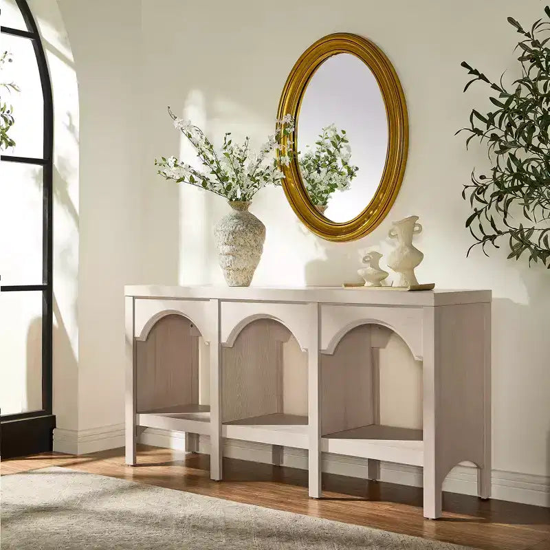 Black / Brown / Whitewashed Triple-Arch Console Table, 60" – 2-Person Assembly, Open Shelf