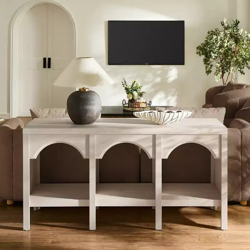Black / Brown / Whitewashed Triple-Arch Console Table, 60" – 2-Person Assembly, Open Shelf