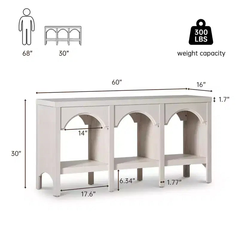 Black / Brown / Whitewashed Triple-Arch Console Table, 60" – 2-Person Assembly, Open Shelf