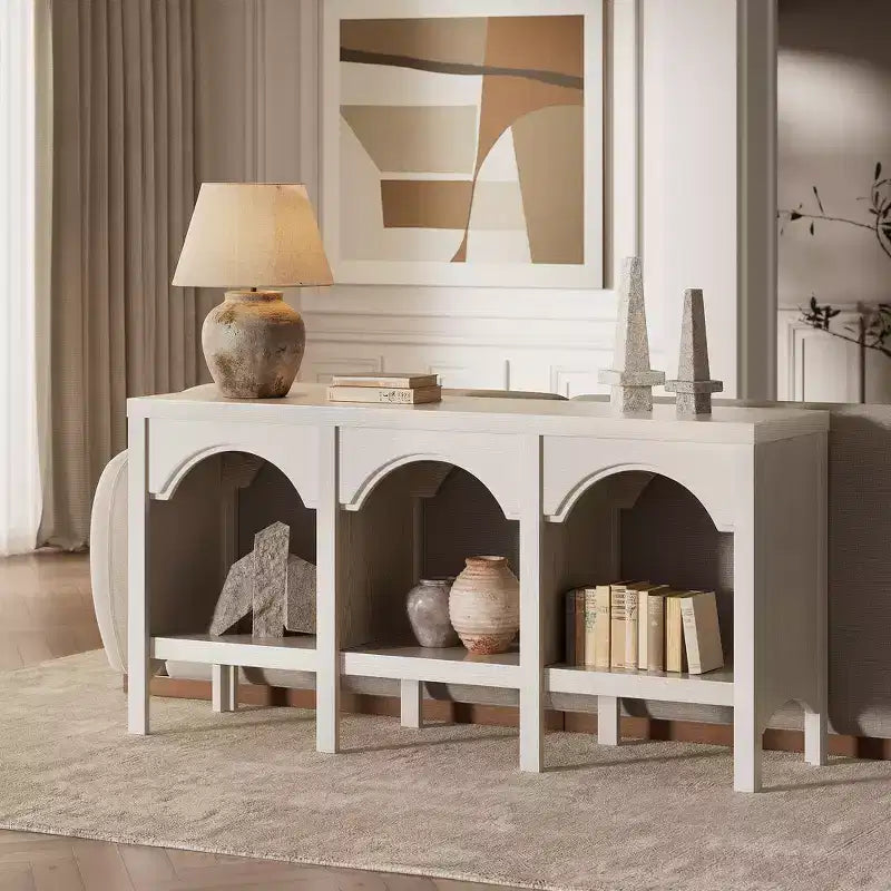 Black / Brown / Whitewashed Triple-Arch Console Table, 60" – 2-Person Assembly, Open Shelf